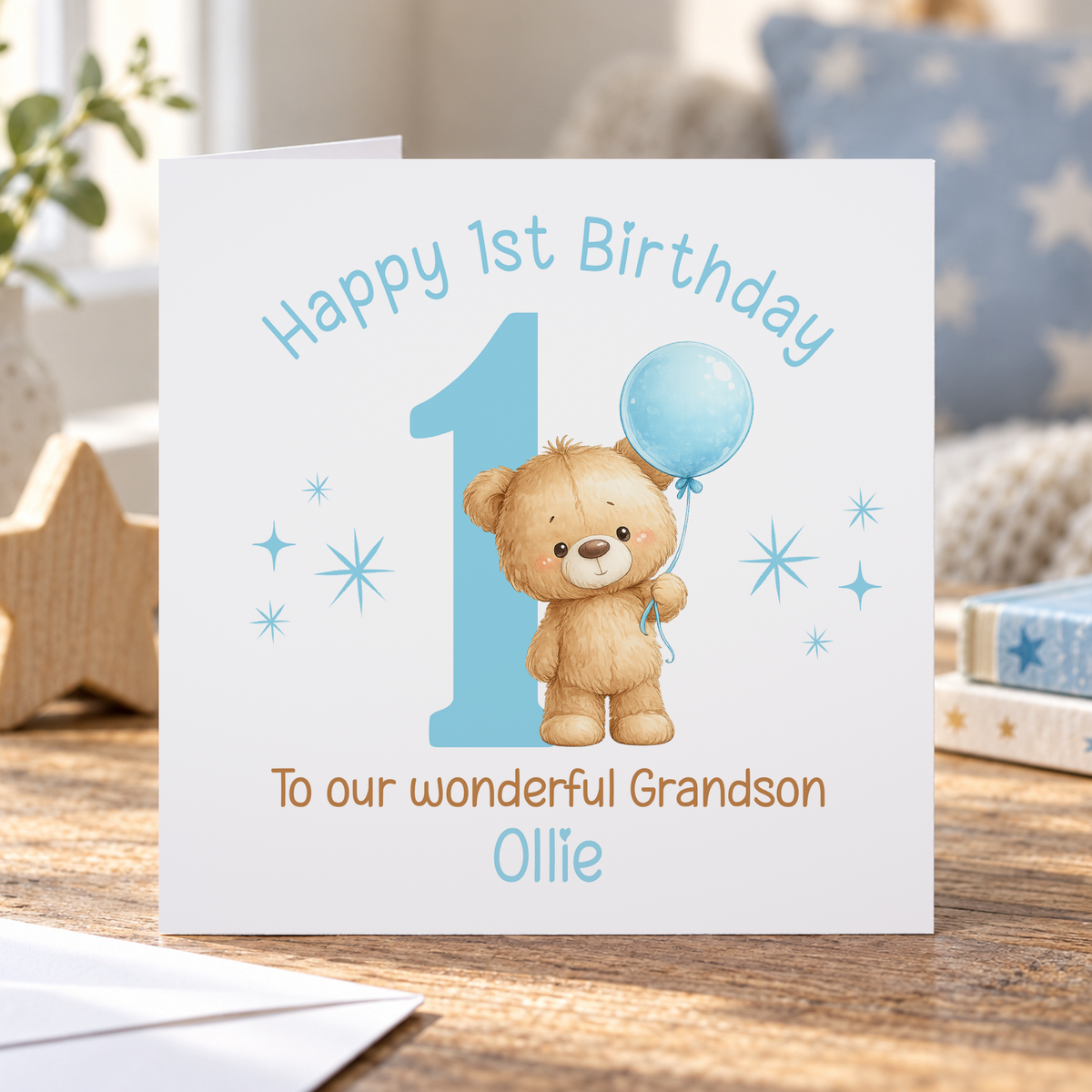 1st Birthday Card for Boys – Personalised Blue Teddy Bear