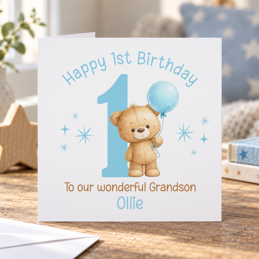 1st Birthday Card for Boys – Personalised Blue Teddy Bear