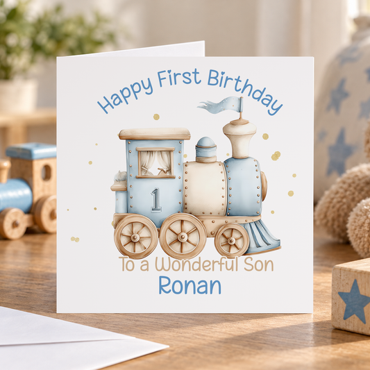 1st Birthday Card - Personalised Blue Train Design