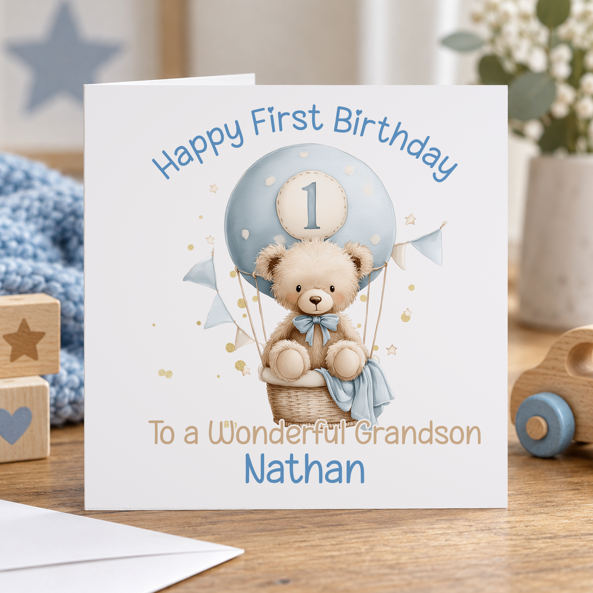 1st Birthday Card - Personalised Teddy Bear & Hot Air Balloon Keepsake