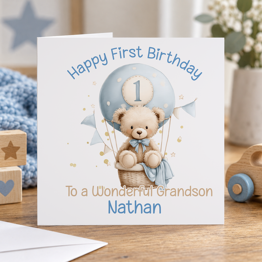 1st Birthday Card - Personalised Teddy Bear & Hot Air Balloon Keepsake