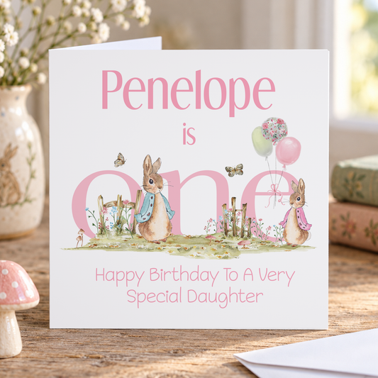 1st Birthday Card – Pink Bunny & Pastel Balloon Keepsake