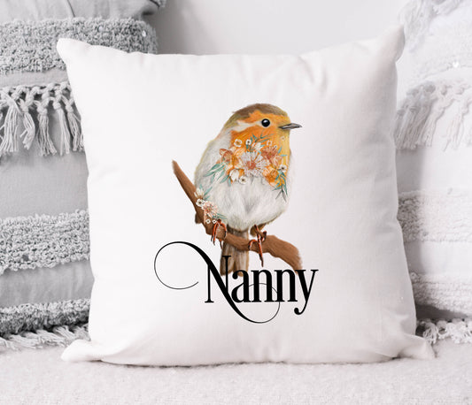 Personalised Robin cushion cover, cover only, showing the floral robin print
