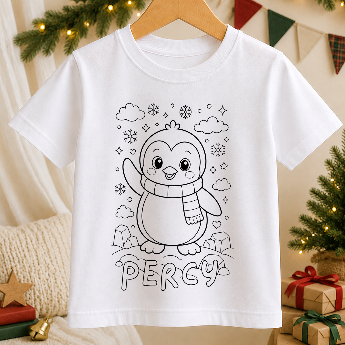 Line-art colour-in design of a penguin wearing a scarf and waving, surrounded by snowflakes and ice, printed on a white kids' t-shirt with a personalised name below