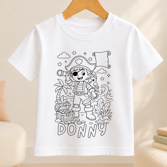 Black-and-white line-art design of a pirate boy with a treasure map, parrot and chest of gold, ready to be coloured in on a kids t-shirt