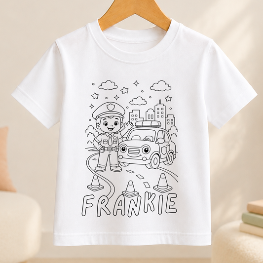 Black-and-white line-art design of a police car, road cones and a police officer, ready to be coloured in on a kids t-shirt