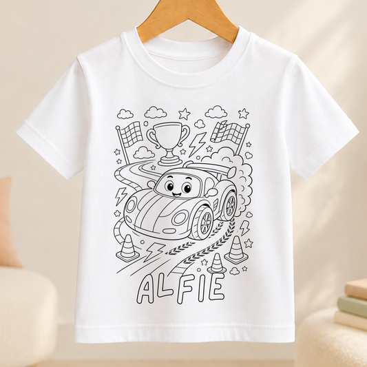 Black-and-white line-art design of a racing car with checkered flags and speed lines, ready to be coloured in on a kids t-shirt
