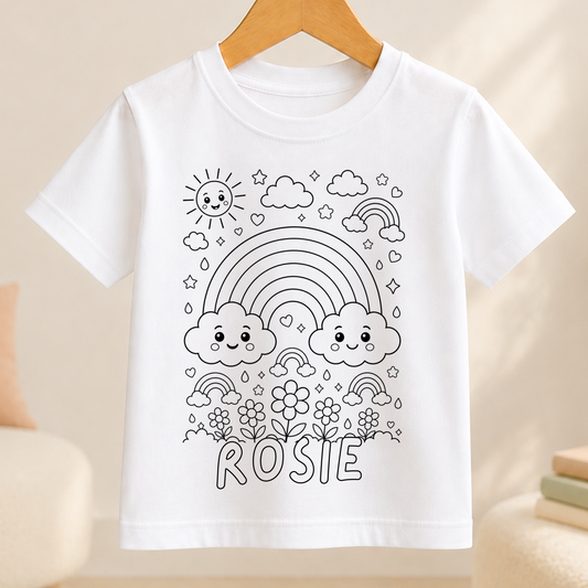 Black-and-white line-art design of a rainbow, clouds, sunshine and stars, ready to be coloured in on a kids t-shirt