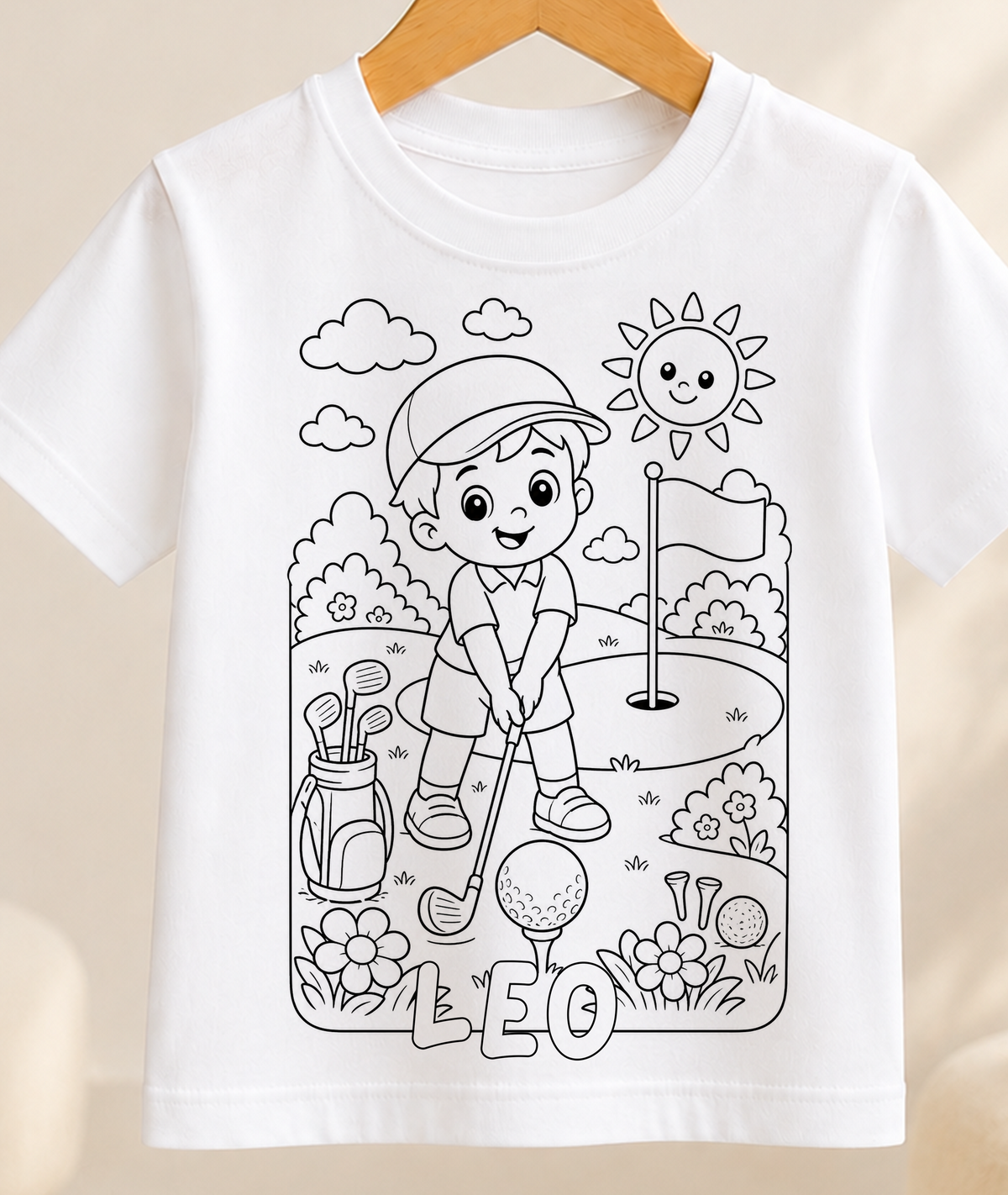 Colour-in kids t-shirt with a black-and-white line art boy golfer lining up a putt on a sunny green, personalised with a name in bubble letters