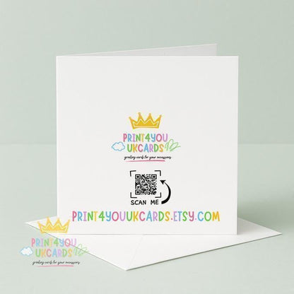 Back of the card with the Print4You UK Cards logo and QR code, shown with its white envelope