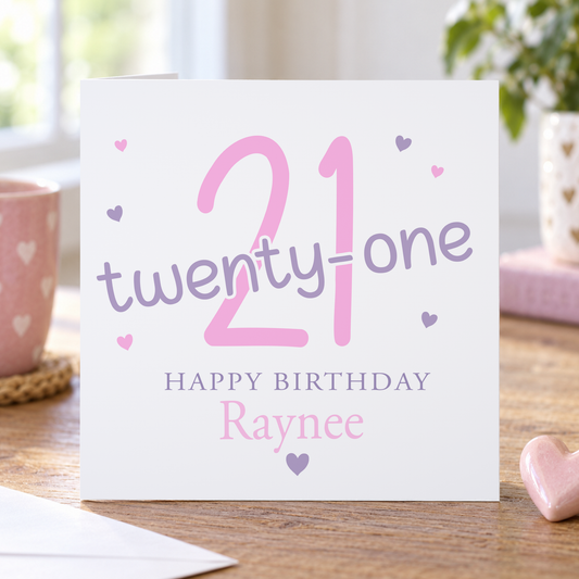 21st Birthday Card – Personalised Pink & Purple Keepsake