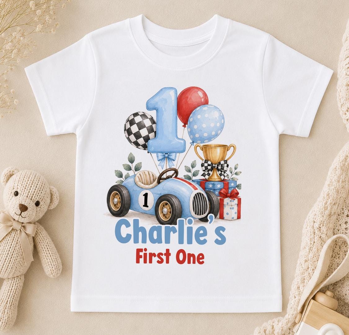 Personalised race car first birthday t-shirt – blue race car with balloons and trophy, number 1 and Charlie's First One