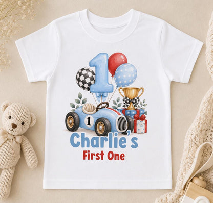 Personalised race car first birthday t-shirt – blue race car with balloons and trophy, number 1 and Charlie's First One
