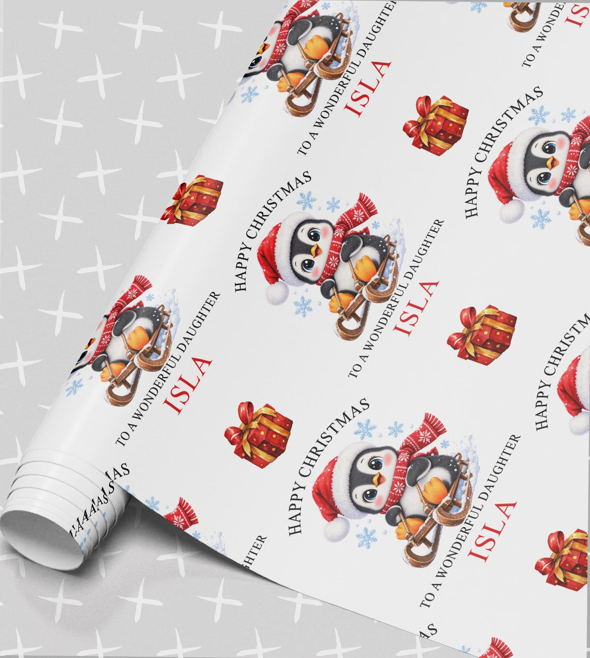 Personalised penguin Christmas wrapping paper roll – penguin on a sledge in a Santa hat with Happy Christmas To a Wonderful Daughter Isla