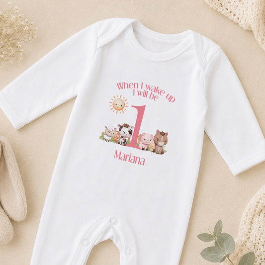 Personalised Pink Farm Animals First Birthday sleepsuit