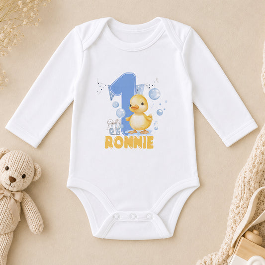 Personalised Duck First Birthday long sleeve vest