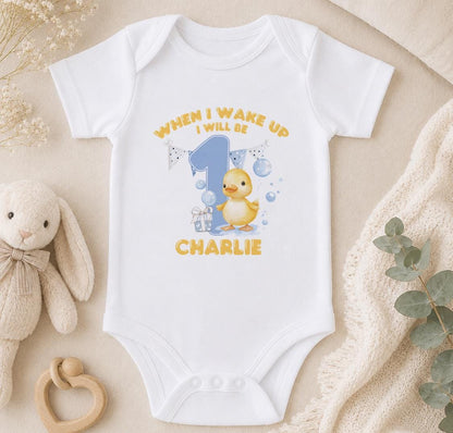 Personalised When I Wake Up I Will Be 1 baby vest with a duckling and the name Charlie
