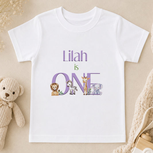 Personalised Safari Lilac & Violet First Birthday t-shirt