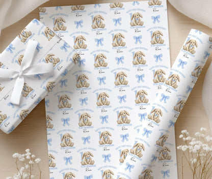 Close-up detail of the baby rabbit 1st birthday pattern with personalised name