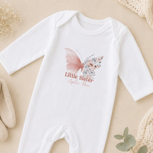 Personalised Little Sister Butterfly sleepsuit