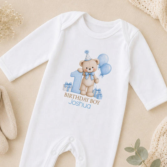 Personalised Teddy Bear 1st Birthday sleepsuit