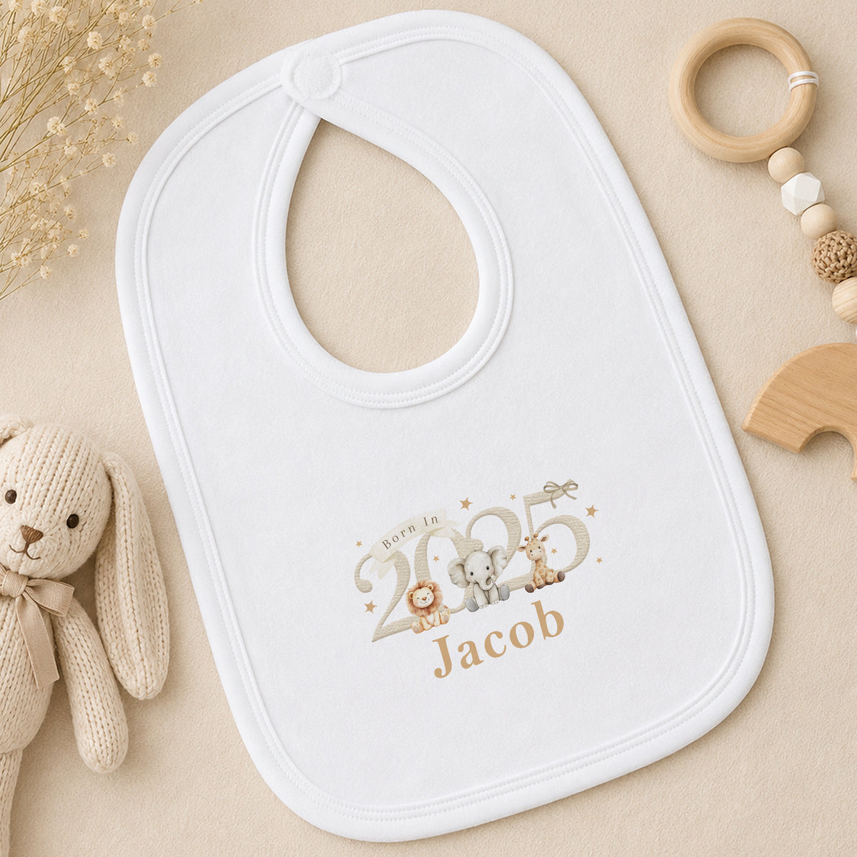 Personalised Born in 2025 Safari Baby bib