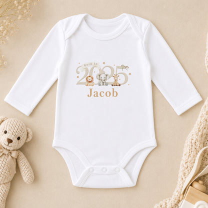 Personalised Born in 2025 Safari Baby long sleeve vest