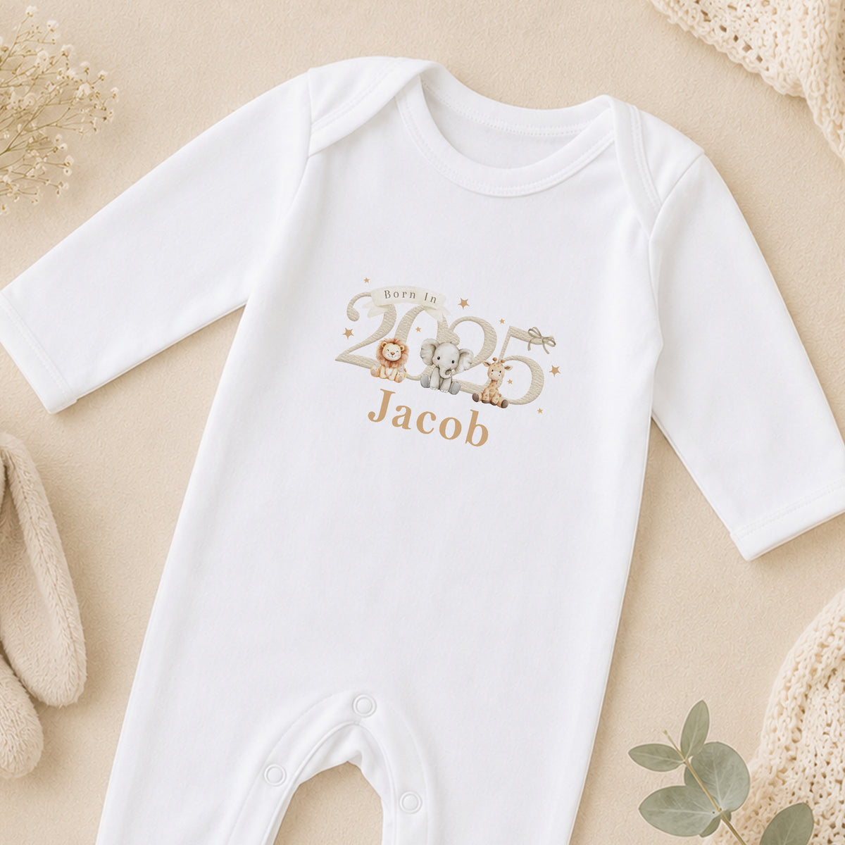 Personalised Born in 2025 Safari Baby sleepsuit