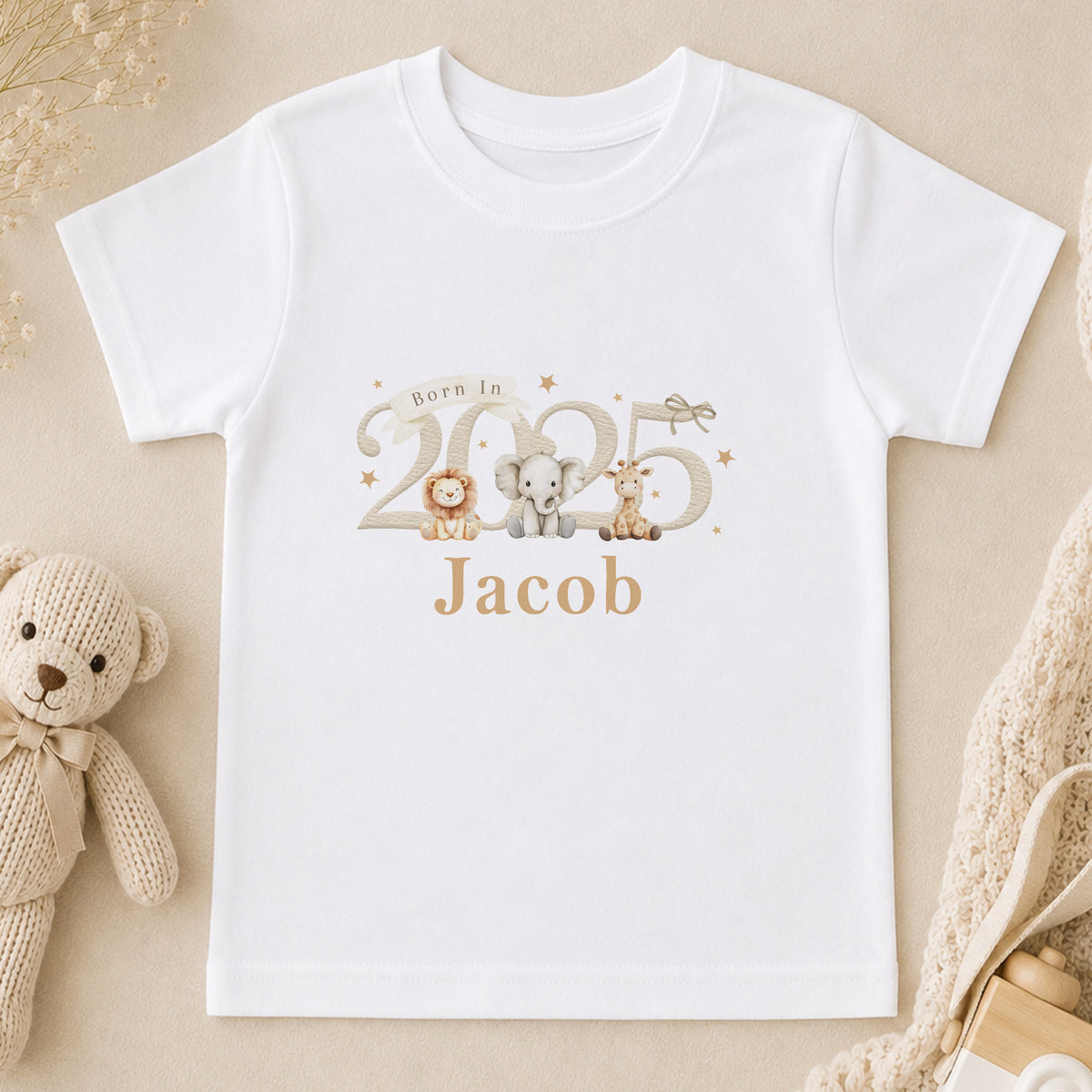 Personalised Born in 2025 Safari Baby t-shirt