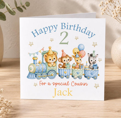 Personalised blue train birthday card – steam train of party animals, Happy Birthday 2 For a Special Cousin Jack