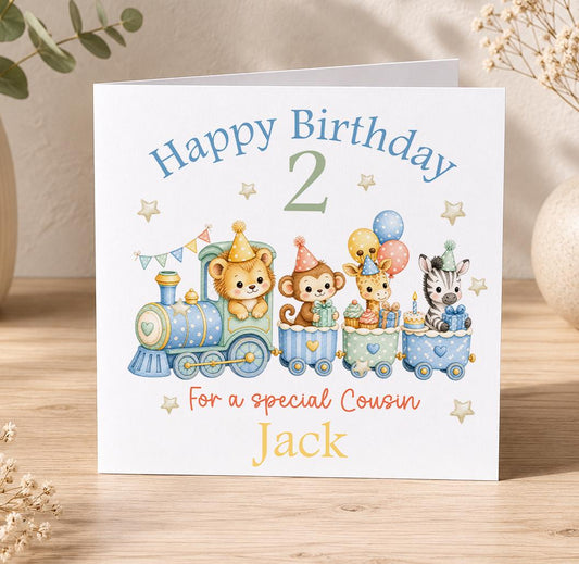 Personalised blue train birthday card – steam train of party animals, Happy Birthday 2 For a Special Cousin Jack