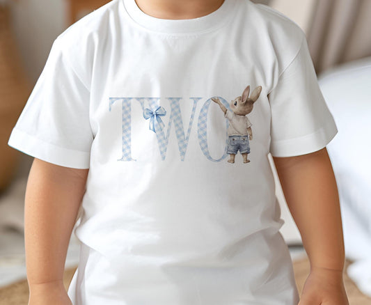 Baby wearing a white cotton birthday t-shirt printed with a cute bunny design and age number, size 6-12 months