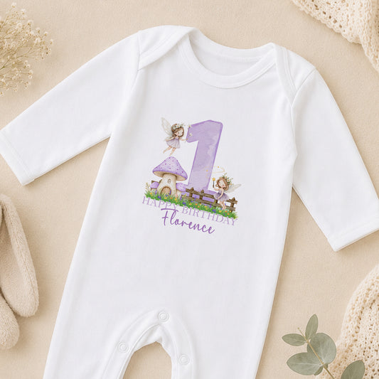 Personalised Purple Fairy First Birthday sleepsuit