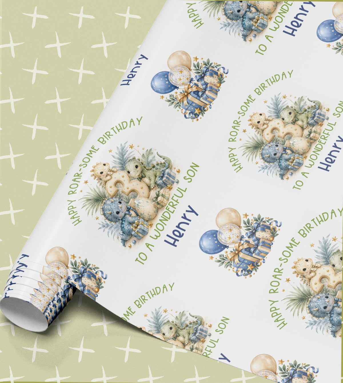 Dinosaur Wrapping Paper, Personalised Name and Age, Boys Birthday
