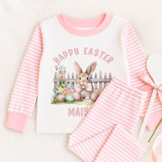 Personalised Boys Easter Pyjamas – Pink Striped Cotton Sleepwear With Bunny - 6-12 months