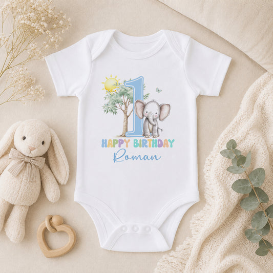 Personalised Blue Elephant First Birthday Outfit for Baby Boys baby vest
