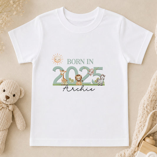 Personalised Born in 2025: Safari Newborn Sleepsuit Gift t-shirt