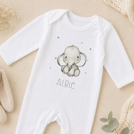 Personalised Grey Elephant New Baby Gift sleepsuit