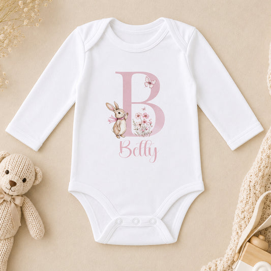 Personalised Floral Bunny New Baby Girl Grow long sleeve vest