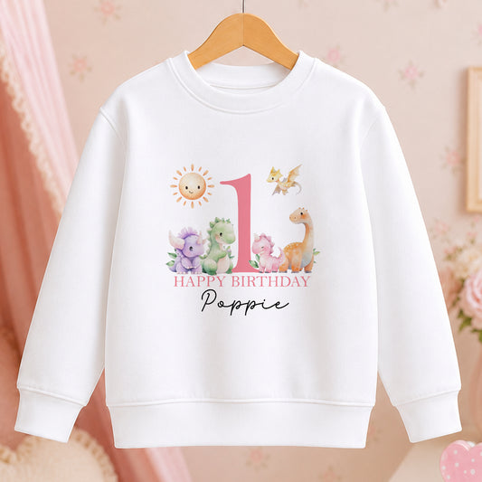Personalised Roarsome First Birthday: Pink Dinosaur Jumper for Turning One jumper
