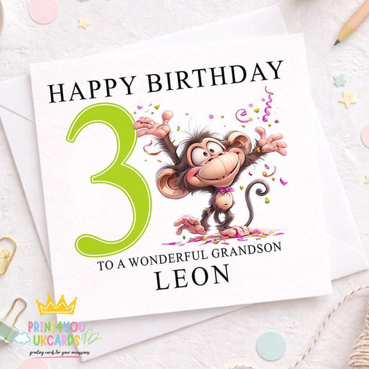 Square personalised birthday card featuring an illustrated monkey design, with space for a boy's printed name and age
