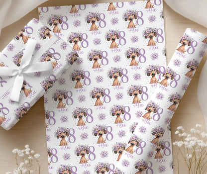 Close-up detail of the dachshund pattern with personalised name and age