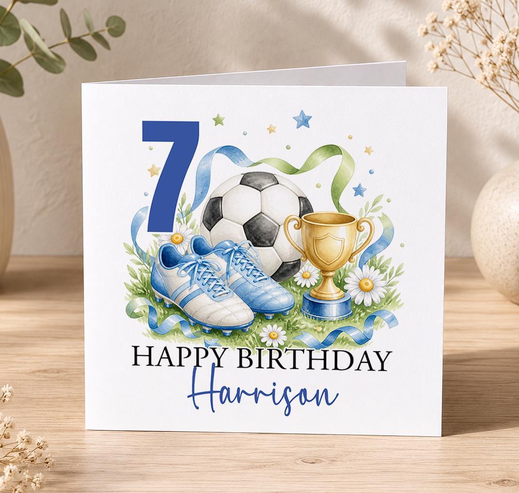 Personalised football birthday card – football, blue boots and a gold trophy with a navy 7, Happy Birthday Harrison