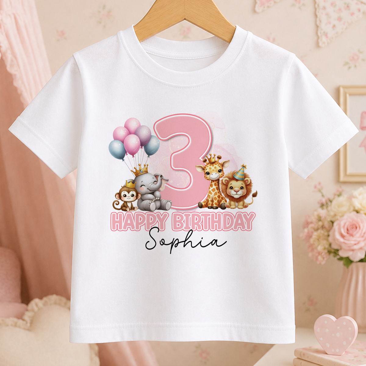 White cotton birthday t-shirt printed with a pink number 3, a giraffe, an elephant and a monkey, personalised with a child's name