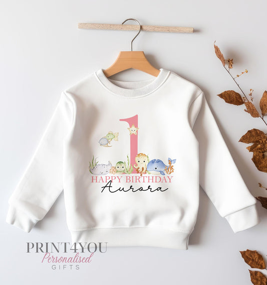 Personalised pink fish first birthday sweatshirt, size 6-12 months