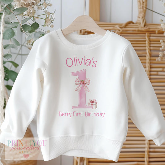 Personalised berry and strawberry 'I Am One' birthday sweatshirt in size 6-12 months