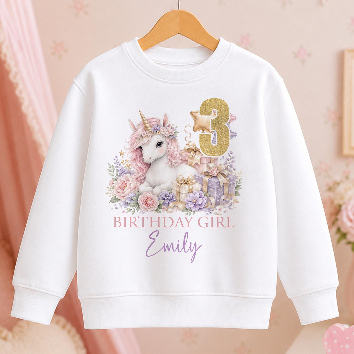 Personalised white Birthday Girl sweatshirt with a watercolour unicorn, pastel flowers, gold number 3 and a name