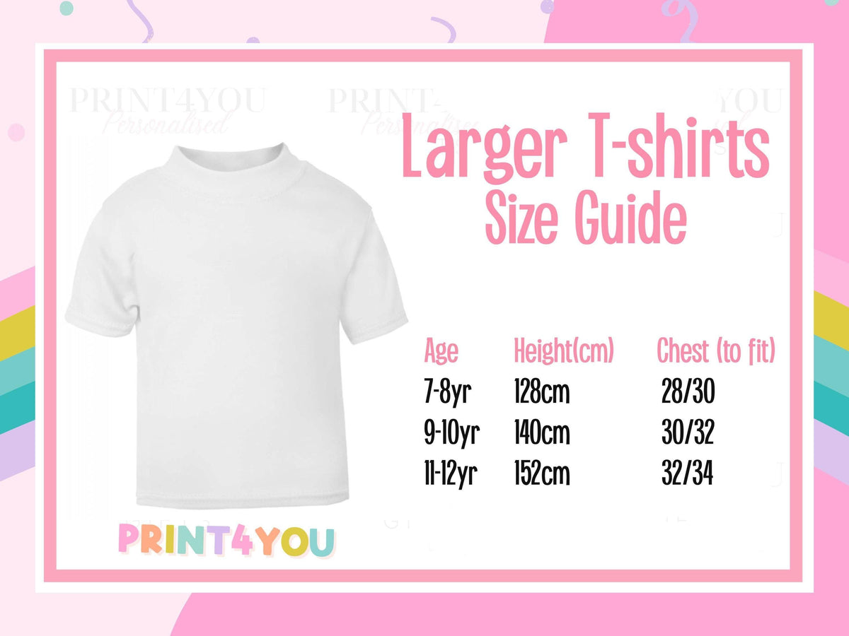 Print4You larger t-shirt size guide for 7-8, 9-10 and 11-12 years