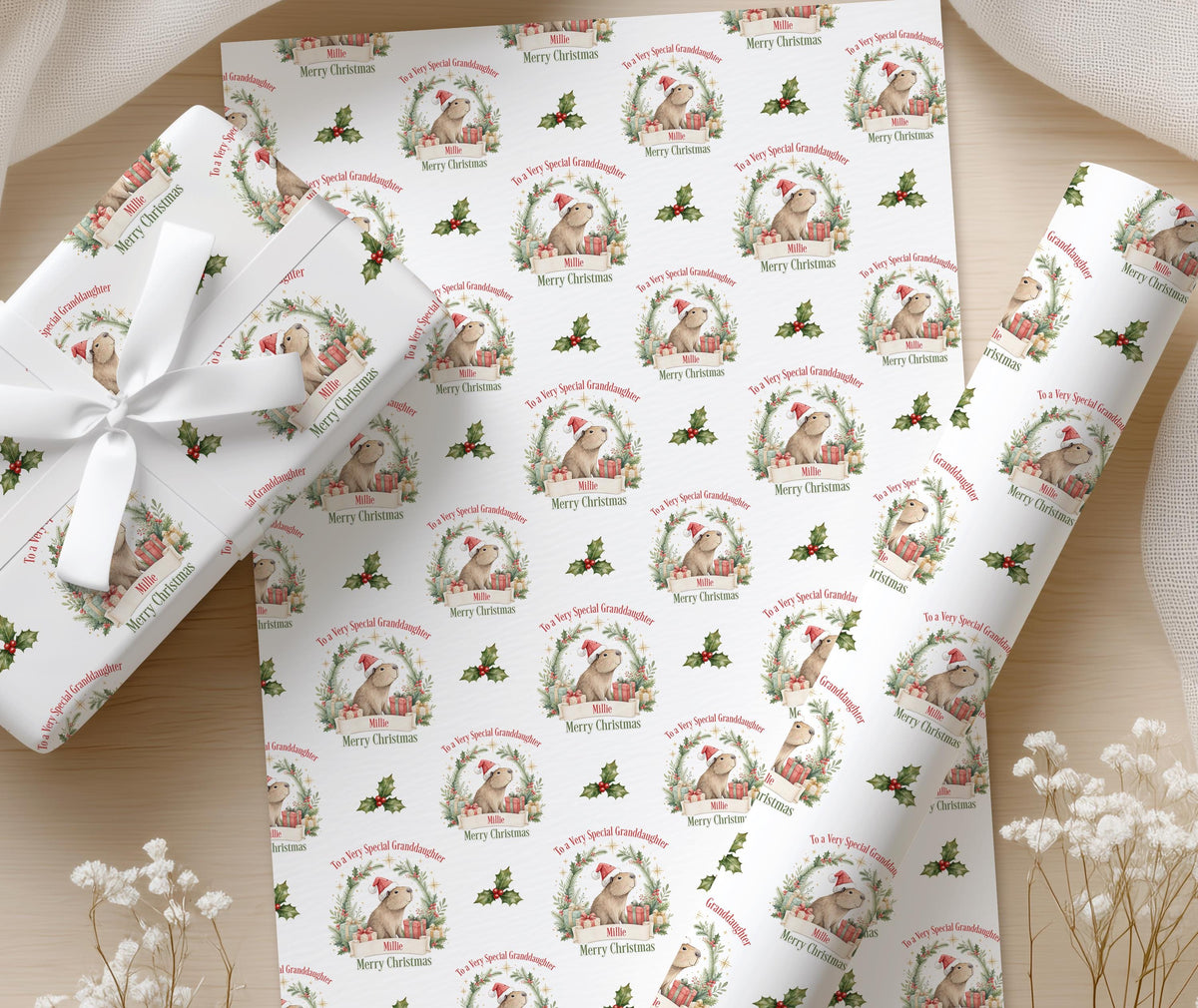 Close up of the personalised Christmas gift wrap showing the repeated wreath design