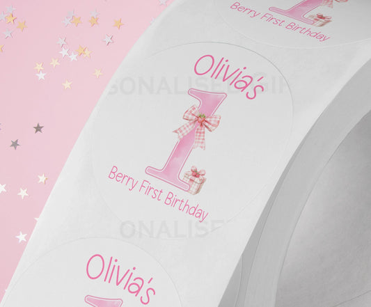 Personalised 'Berry ONE' birthday stickers printed on a strip, 5cm glossy white finish